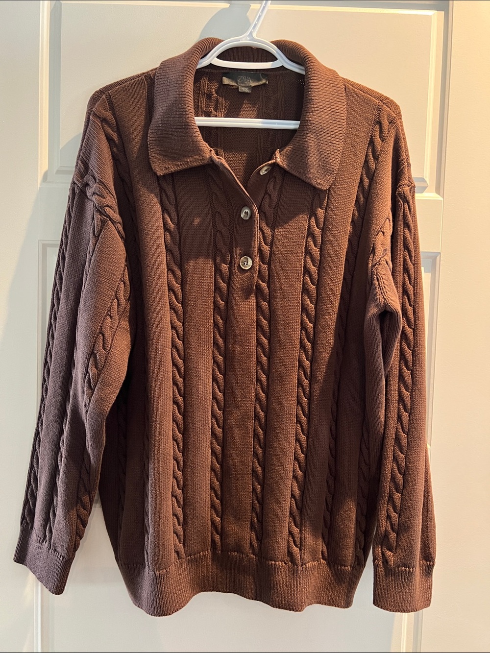Zara Brown Cable Knit Polo V-Neck Sweater
